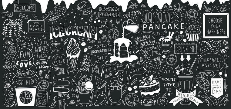 Ice cream bar doodle art. Dessert big set. Line vector elements with lettering. 