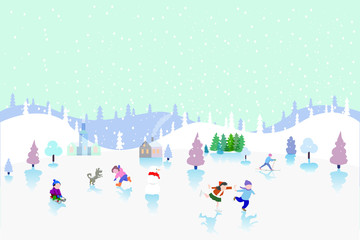 Vector illustration with winter games. Children sledding, skating, skiing. For the design of postcards and posters.