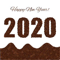 Happy New Year. Figures 2020 created from coffee beans isolated on a white background. Below three waves of coffee beans