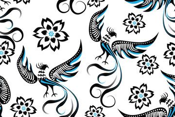 Seamless pattern with phoenix vector Illustration, Indonesian batik motif