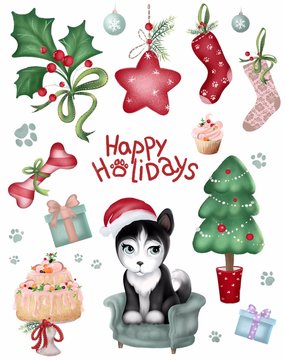 Adorable cartoon Christmas elements set. Cute Siberian husky puppy, Christmas tree, stickers collection 