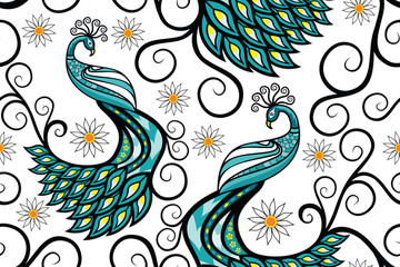 Seamless pattern vector. Indonesian batik motif with peacock illustration