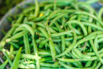 Fresh green long bean bunch in basket 