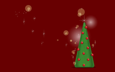 Illustration of a Christmas tree decorated with red balls, and small points of light and stars on the sides. Background for site, Christmas cards, gifts, handkerchiefs, boxes. Different colors.