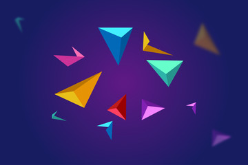 A colorful background of suspended triangular tetrahedra and colored fragments