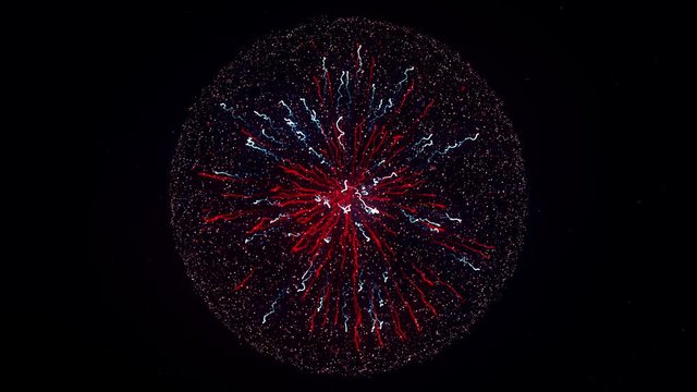 Abstract colorful explosion of neon nucleus isolated on black background. Animation. Amazing 3d impulse spreading into the sides surrounded by small particles.