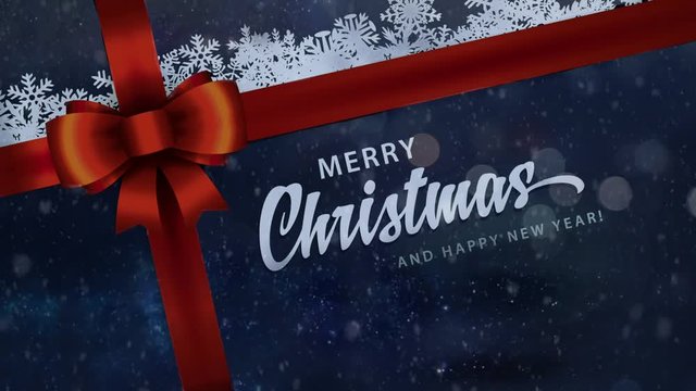 Merry Christmas and Happy New Year vintage looped animation with red ribbon, bow and snowfall