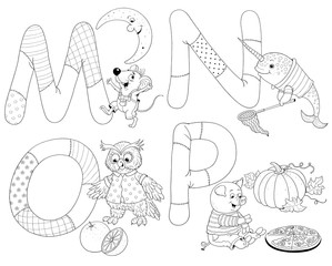English alphabet. ABC. Coloring page, Coloring book. Cute and funny cartoon characters isolated on white bckground
