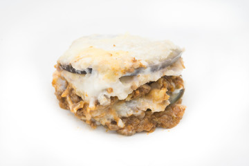 moussaka, eggplant of aubergine. In white background