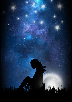 Woman And The Moon Cartoon Character In The Real World Silhouette Art Photo Manipulation