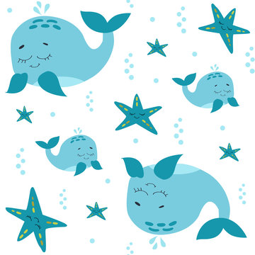 Sea life. Vector illustration. Seamless pattern with Cute whale and starfish. Colored Underwater world, marine animals. White background