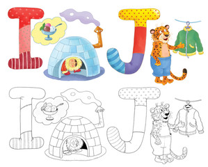 English alphabet. ABC. Coloring page, Coloring book. Cute and funny cartoon characters isolated on white bckground