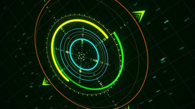 Future technologies , abstract guidance system isolated on a black background. Animation. Close up of rotating neon parts of searching digital program, seamless loop.