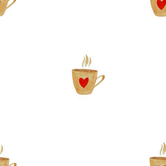 Seamless watercolor pattern, beige cups with red hearts on white background. May use for taxtile print, wrapping paper