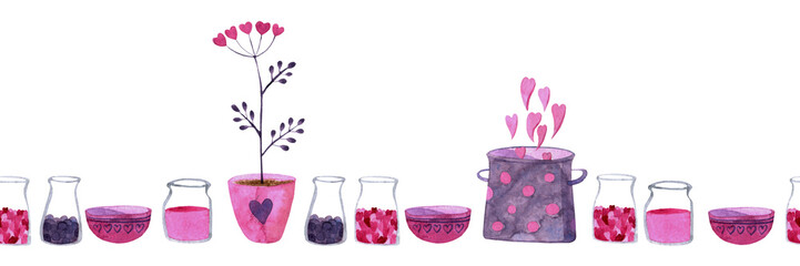 Isolataed objects line in pink-purple colors for St. Valentines Day. Pink plate, plant with hearts in pot, spoon with heart, glass jar with heart, pan with heart