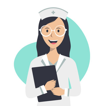 The nurse holds a medical record and smile on a white background, vector flat illustration. Medical tests concept. Health сare сoncept