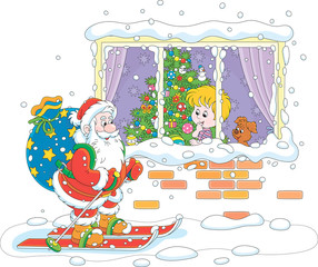 The night before Christmas, a little boy looking through a window at Santa Claus skiing with his big bag of holiday gifts, vector cartoon illustration