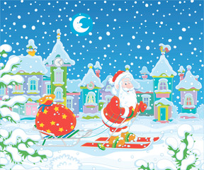 Santa Claus skiing and carrying his bag of Christmas gifts on his sledge through a snow-covered winter town on the snowy night before Christmas, vector cartoon illustration