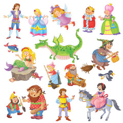 Big set of cute fairy tale characters. King, queen, prince, princess, dragon, mermaid, dwarf, troll, witch, fairy, Cinderella.  - obrazy, fototapety, plakaty