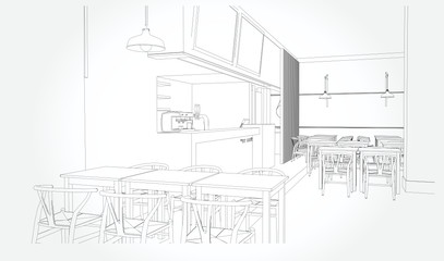 Hand drawn kitchen furniture. Vector illustration in sketch style. vector illustration kitchen furniture and equipment.