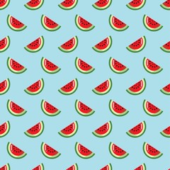 Juicy watermelon. Tasty berry slice. Cut in half. Minimalistic icon. Colorful graphic vector seamless pattern. Cartoon style, simple flat design. Trendy illustration. Equal interval. Blue background