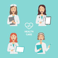 Group of female doctors and nurses on a blue background with logo, flat illustration. Set of doctors avatars icons. Health care concept. Medical staff