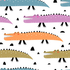 Seamless pattern with funny crocodiles, decor elements. colorful vector for kids. Handmade flat style drawing. baby design for fabric, textile, print, wrapper