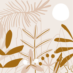 Abstract plants art. Brown, beige and white flowers.