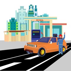  vector modern flat design gas filling station. Transport related service building Gasoline and city buildings