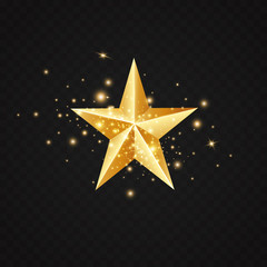 Obraz premium Golden Star. Vector realistic rating symbol, highest award, shiny object medal. Christmas tree decoration, symbol of success, achievement. Bright luxury sharp shapes, isolated illustration.