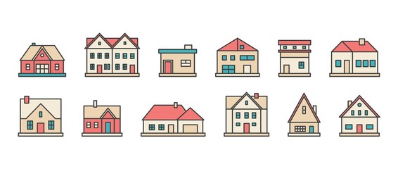 Real estate. Different buildings, houses. Minimalistic icons, logos. Colorful graphic vector set. Cartoon style, simple flat design. Trendy illustration. Every icon is isolated on a white background
