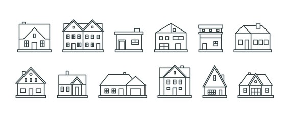 Real estate. Various outline houses and buildings. Minimalistic icons, logos. Graphic vector set. Cartoon style, simple flat design. Trendy illustration. Every icon is isolated on a white background