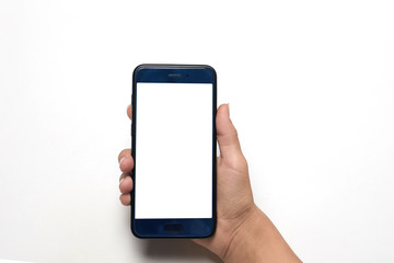 woman holds smartphone in her left hand on white background with copyspace