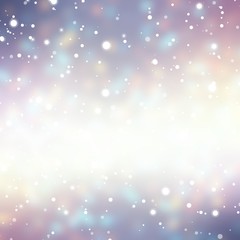 Fallen snow on glare background. Festive lights and sparkles. Defocused flares confetti. Magical holiday winter illustration. Flicker lilac ombre smoke on white backdrop. Wonderful snow pattern. 