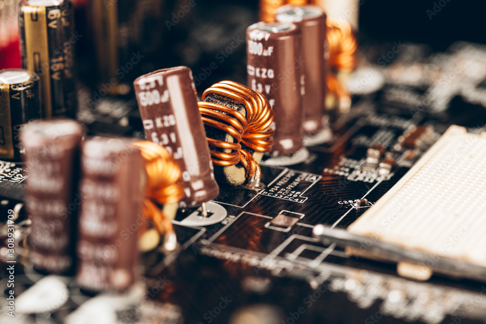 Poster computer electronic circuit board with processor close up