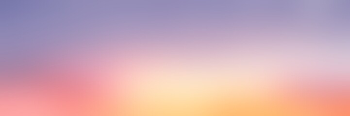 Sunset abstract pattern large format banner. Red yellow lilac gradient blur background. Nature defocus illustration. Outside decor.