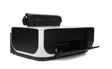 Black multi function printer isolated against a white background