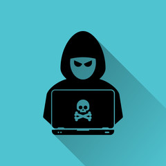 Hacker at laptop icon. Flat illustration of hacker at laptop vector icon for web design