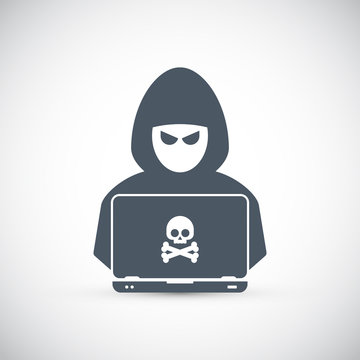 recommend clip art: Hacker at laptop icon. Flat illustration of hacker at laptop vector icon for web design