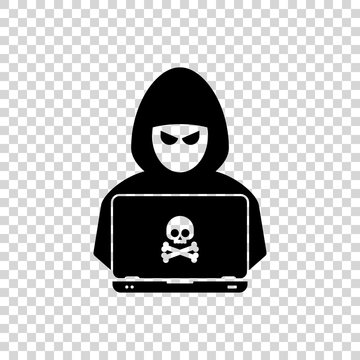recommend clip art: Hacker at laptop icon. Flat illustration of hacker at laptop vector icon for web design