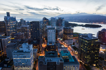 Vancouver city in evening, night lights from the top