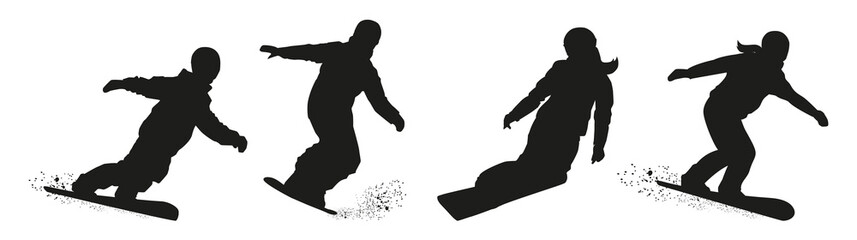 Set of vector snowboarders boys and girls. Winter sport. Black silhouette