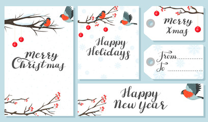 Set of Christmas and New Year cards and labels with snowy branches and bullfinches