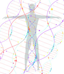 DNA and a man on a white background. The study of human DNA. Body cloning, DNA tests, tests. Medical technology of the future.