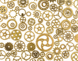 metallic gears background / Closeup of metal cog gears / close up texture pattern steampunk style and old mechanical peaces / decorative frame