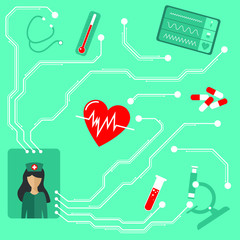 Health care automation concept. Background in the form of tracks on the circuit with integrated icons of medical items. Flat design.