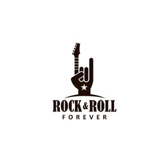 hand as symbol of rock music with electric guitar isolated on white background