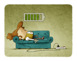 Illustration of a businesswoman on the sofa is connected to the power grid while recharging energy. Recharge concept.