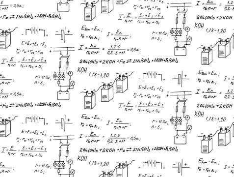 Batteries. Electric law theory and physics mathematical formula equation. Physical equations on whiteboard. Technological and scientific  background. Vector hand-drawn seamless pattern.