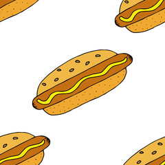Hot dog. Seamless pattern. hand drawn vector illustration.